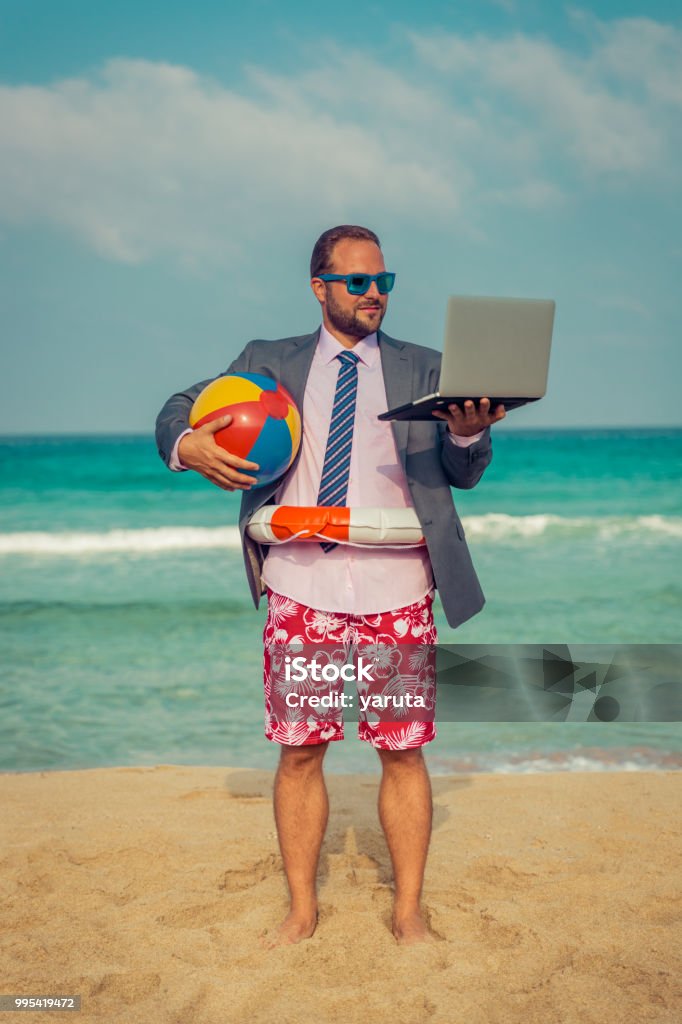 Funny Businessman On The Beach Stock Photo - Download Image Now - Beach,  Summer, Working - iStock