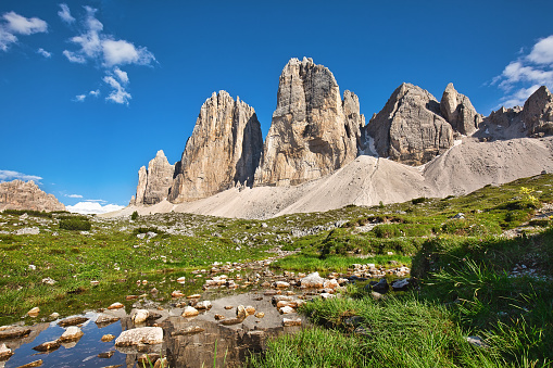 Iconic peaks of Dolomites in Tre Cime di Lavaredo Natural park, Italy
