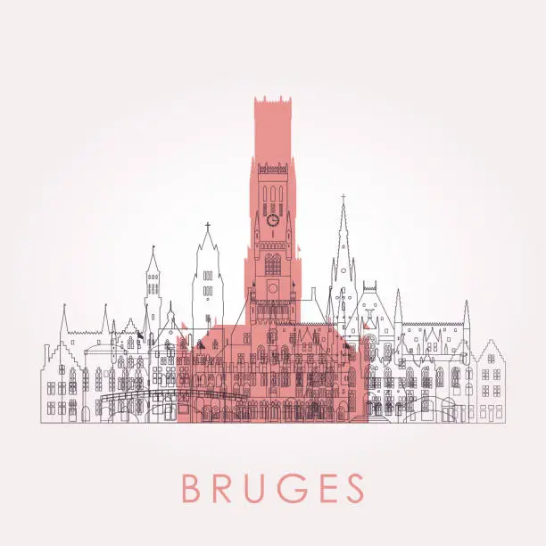 Vector illustration of Outline Bruges skyline with landmarks. Vector illustration. Business travel and tourism concept with historic buildings. Image for presentation, banner, placard and web site.