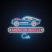 Neon silhouette of classic American muscle car. Glowing sign. Auto icon. Vector illustration.