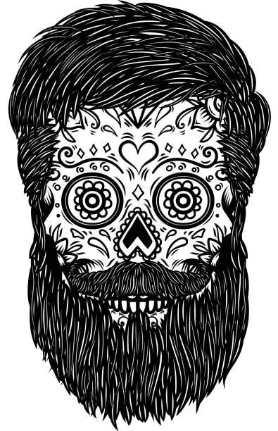 Vector illustration of Bearded sugar skull. Design element for poster, card, print, emblem, sign.