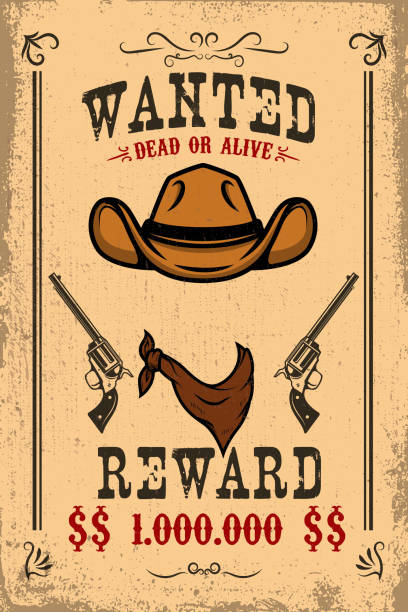 illustrazioni stock, clip art, cartoni animati e icone di tendenza di modello poster ricercato vintage con vecchio sfondo di trama di carta. tema selvaggio west. - cowboy desire west poster