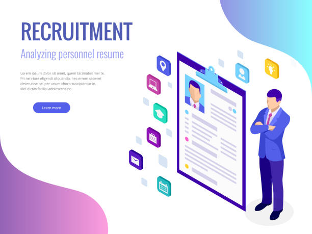 Isometric hiring and recruitment concept for web page, banner, presentation. Job interview, recruitment agency vector illustration Isometric hiring and recruitment concept for web page, banner, presentation. Job interview, recruitment agency vector illustration interview event backgrounds stock illustrations
