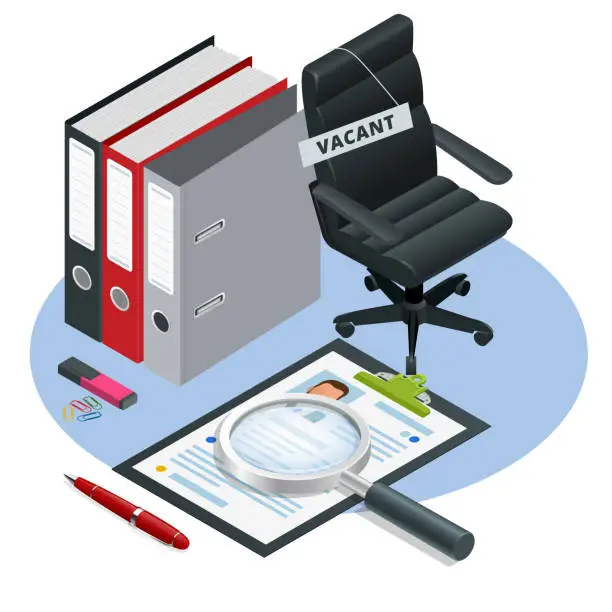 Vector illustration of Isometric Job recruiting advertisement, Job opportunity. Office chair and a sign vacant. Hiring and recruitment. Business leadership. Recruitment concept.