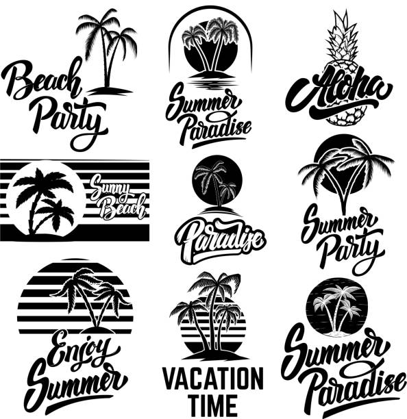 Set of summer emblems with palms. For emblem, sign, label, badge. Vector image Set of summer emblems with palms. For emblem, sign, label, badge. idyllic stock illustrations