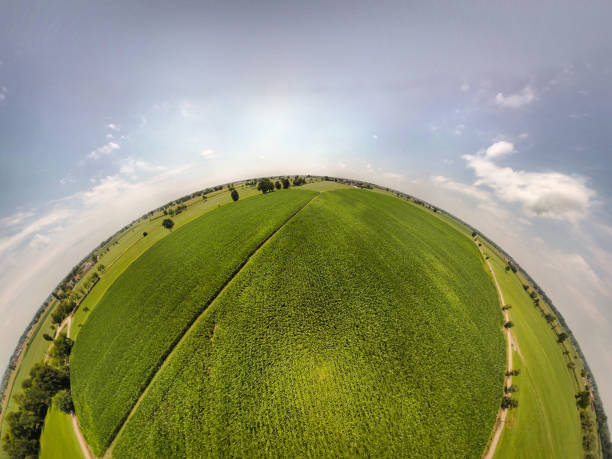 360° panoramic view of corn fields 360° panoramic view of corn fields fish eye lens photos stock pictures, royalty-free photos & images