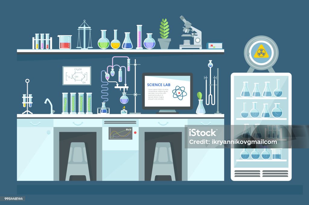 Scientific chemical laboratory, conducting experiments, research in laboratory, interior Scientific chemical laboratory, conducting experiments, research in chemical laboratory. Interior of rooms, furniture in working cabinet, equipment, flasks, book materials. Vector illustration. Laboratory stock vector