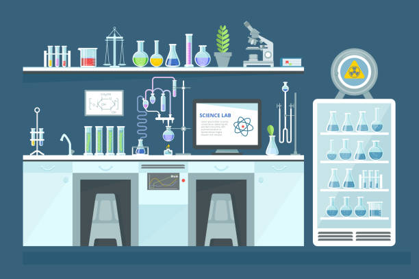 Scientific chemical laboratory, conducting experiments, research in laboratory, interior Scientific chemical laboratory, conducting experiments, research in chemical laboratory. Interior of rooms, furniture in working cabinet, equipment, flasks, book materials. Vector illustration. laboratory stock illustrations