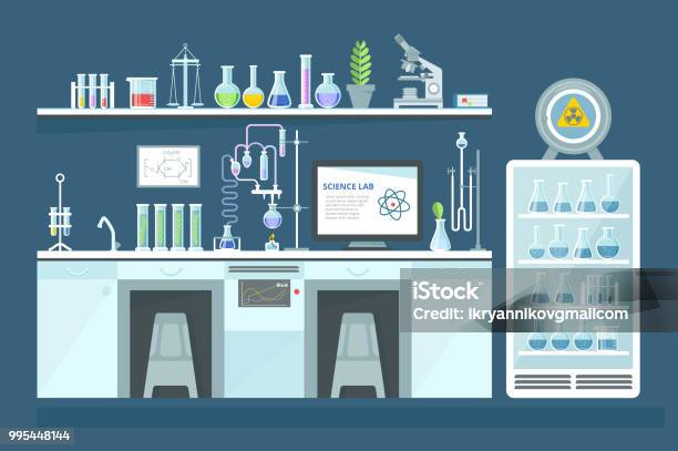 Scientific Chemical Laboratory Conducting Experiments Research In Laboratory Interior Stock Illustration - Download Image Now