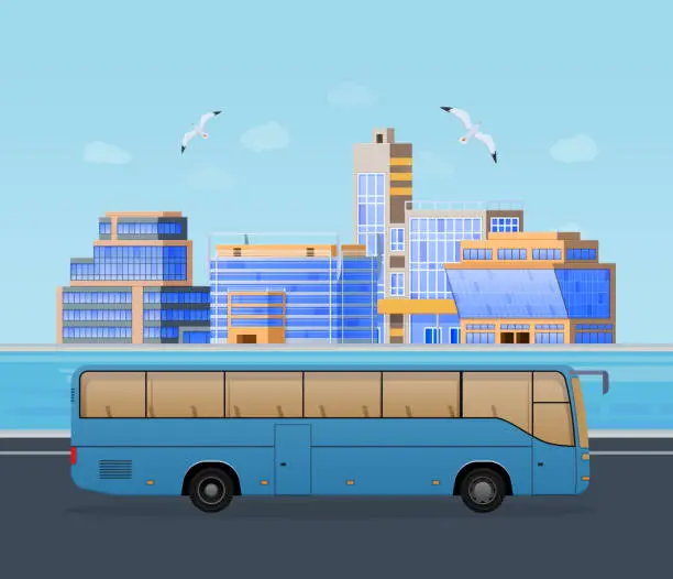 Vector illustration of Trip along an asphalt road on bus, journey on highway