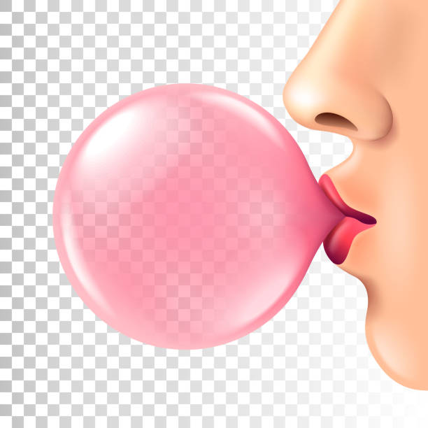 Labbra femminili che soffiano gomma bolla rosa isolato vettore - illustrazione arte vettoriale