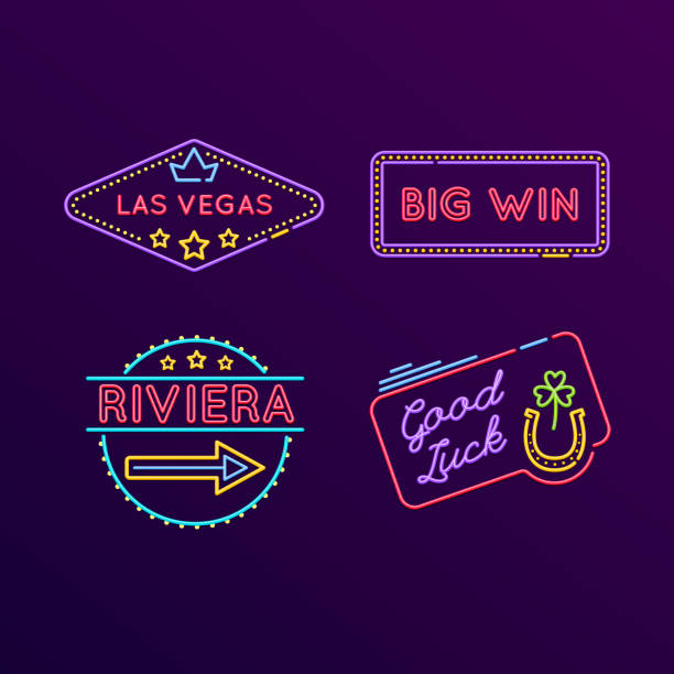 Set of neon signs, bright signage. Casino, gaming, gambling, roulette Set of neon signs, bright signage. Light indicators, neon signs, glowing elements. Concept casino, gaming, gambling, roulette. Las Vegas, big win, riviera good luck achievement Vector illustration las vegas stock illustrations