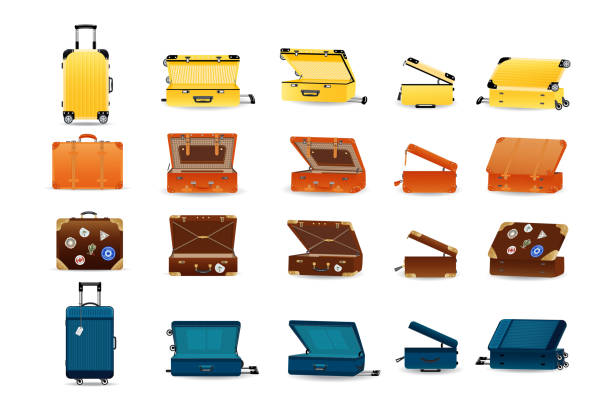 großes set aus kunststoff, leder und metall reisekoffer - koffer stock-grafiken, -clipart, -cartoons und -symbole