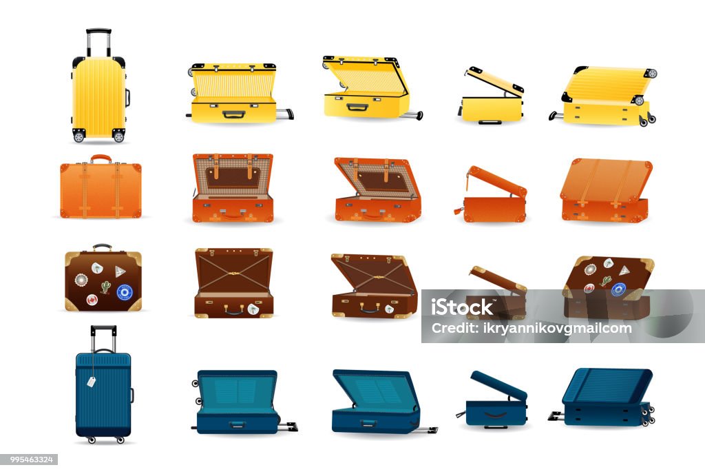 Large set of plastic, leather and metal travel suitcases Large set of plastic, leather and metal travel suitcases. Tourist travel suitcases, cases, for business trips, holidays, leisure. Different views, open, closed. Luggage stickers Vector illustration Suitcase stock vector