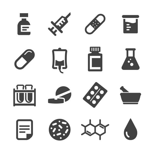 ilustraciones, imágenes clip art, dibujos animados e iconos de stock de set de iconos medicina - serie acme - pills
