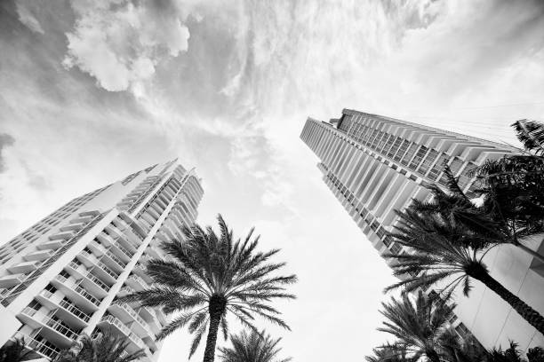 istock Skyscrapers from below, Miami South Beach. Black And White. 995484908