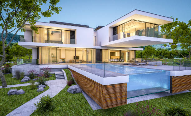 istock 3d rendering of modern cozy house by the river at evening 995484974