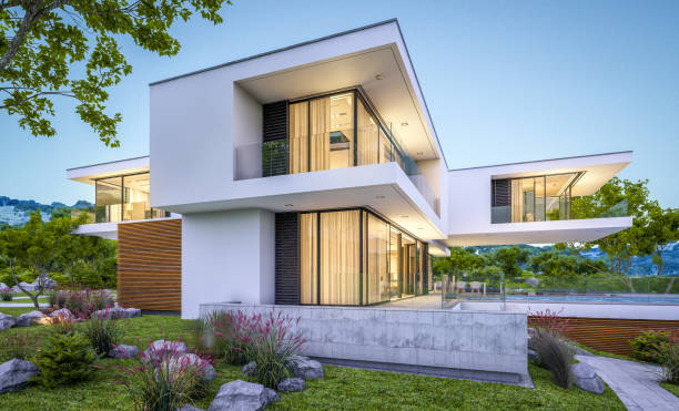 istock 3d rendering of modern cozy house by the river at evening 995485006