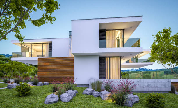 istock 3d rendering of modern cozy house by the river at evening 995485008