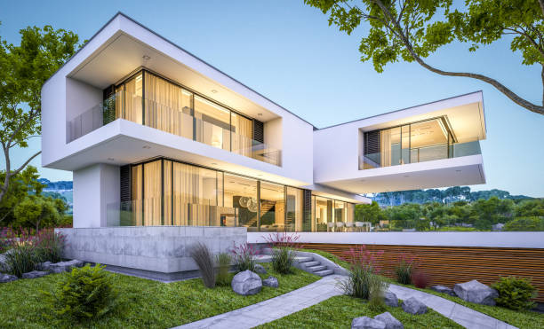 istock 3d rendering of modern cozy house by the river at evening 995485010