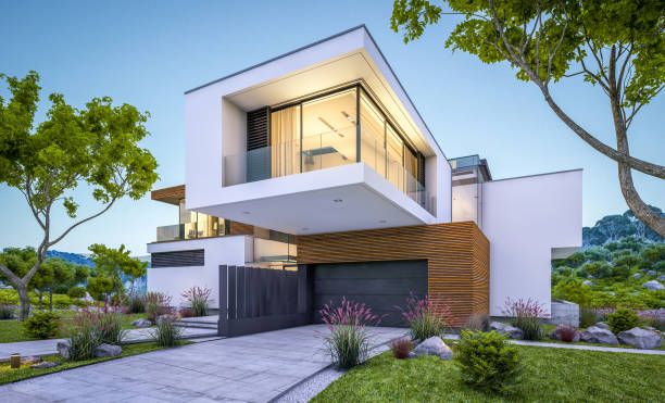 istock 3d rendering of modern cozy house by the river at evening 995485056