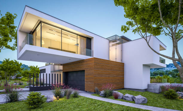 istock 3d rendering of modern cozy house by the river at evening 995485058