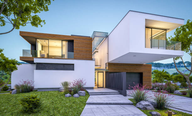istock 3d rendering of modern cozy house by the river at evening 995485088
