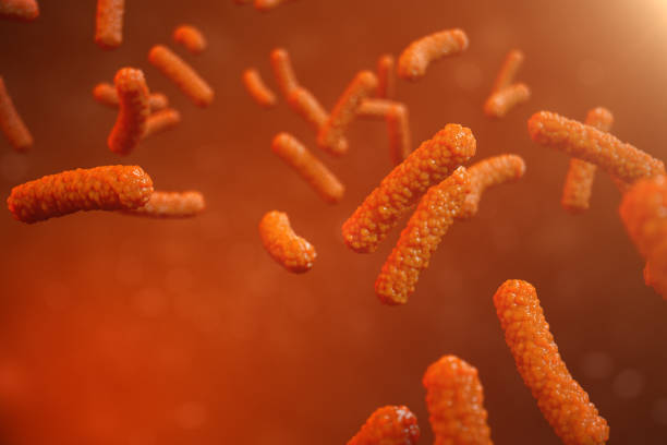 istock 3D illustration virus bacteria. Viral infection causing chronic disease, decreased immunity. Red bacteria under microscope close-up. Virus abstract background in space. 995486366