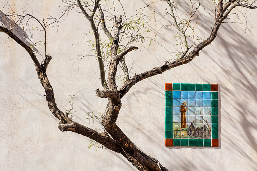 Tucson, Arizona - January 28, 2011:  Colorful wall tiles depict St. Francis on white-washed exterior wall of San Xavier del Bac Mission near Tucson, Arizona.  Mosaic is off-centre shaded by a young deciduous tree with  tiny green shoots sprouting in spring sunshine