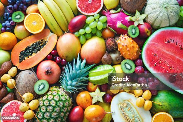 Assortment Of Colorful Ripe Tropical Fruits Top View Stock Photo - Download Image Now
