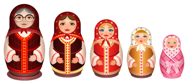 russische holzpuppe verschachtelung festgelegt. traditionelle retro-souvenir aus russland - russian nesting doll babushka doll russian culture stock-grafiken, -clipart, -cartoons und -symbole