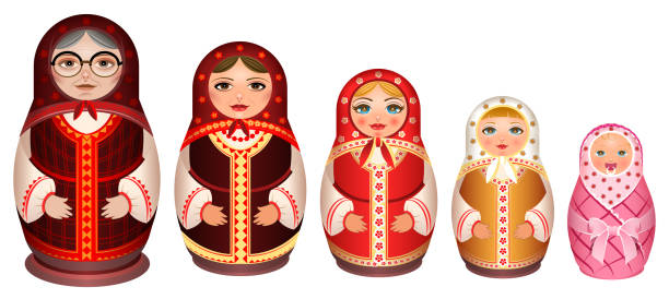 illustrations, cliparts, dessins animés et icônes de définir la matriochka en bois de la nidification. traditionnel rétro souvenir de russie - wood toy babushka isolated on white