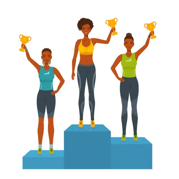 Vector illustration of Girls stand on podium, awarded with trophies. Winners.