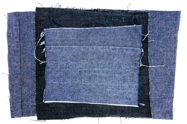 Three pieces of jeans fabric Three pieces of jeans fabric isolated on white background. Rough uneven edges. Denim jeans torn fabric edge stock pictures, royalty-free photos & images