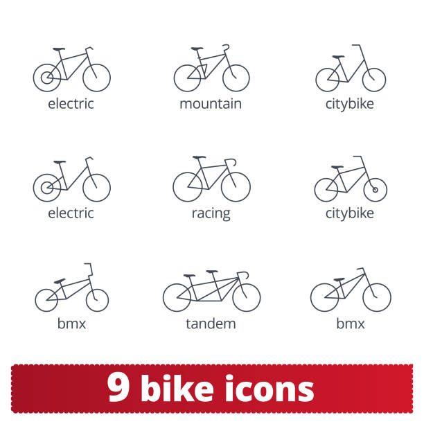 Bike Icons. Vector Set Of Thin Line Bike Signs Bicycle thin line icons set. Vector collection of different bike signs. Bmx, tandem, e-bike, city and mountain bike. Isolated on white. velodrome stock illustrations