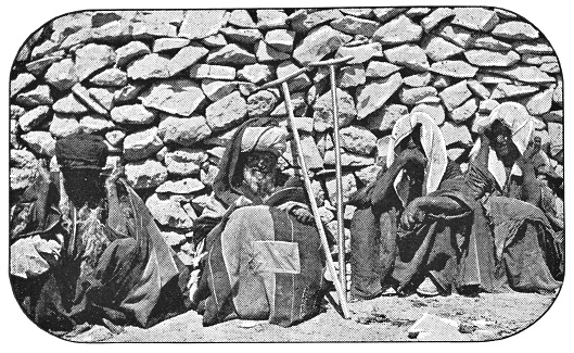 People suffering from leprosy in Jerusalem, Israel. Vintage halftone photo etching circa late 19th century.