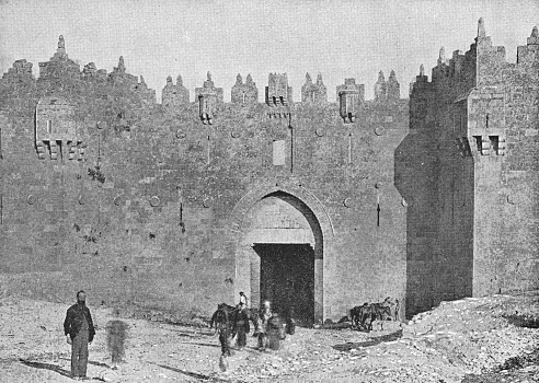 Damascus Gate at the Old City Walls in Jerusalem, Israel. Vintage halftone photo etching circa late 19th century.