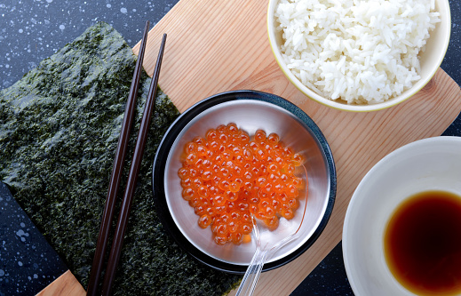 Salmon roe with rice and ingredients in Japanese food style.
