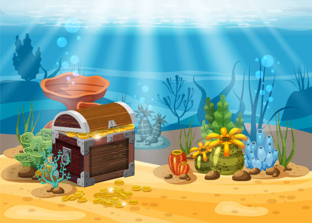 ilustrações de stock, clip art, desenhos animados e ícones de underwater landscape. the ocean and the undersea world with different inhabitants, corals and pirate chest . web and mobiles game design. cartoon style, isolated - bottom sea