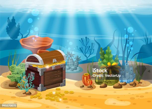 Underwater Landscape The Ocean And The Undersea World With Different Inhabitants Corals And Pirate Chest Web And Mobiles Game Design Cartoon Style Isolated Stock Illustration - Download Image Now