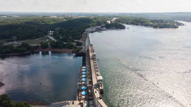 Aerial photo of Bagnell Dam, built in 1929 to create the Lake of the Ozarks in Missouri.