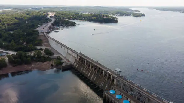 Aerial photo of Bagnell Dam, built in 1929 to create the Lake of the Ozarks in Missouri.