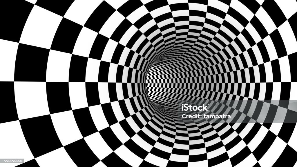 Checker abstract speed motion in highway tunnel for technology pattern texture background ,fast moving toward the light, 3d illusion black and white illustration Illusion Stock Photo