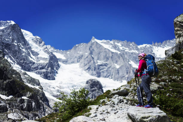 istock Campaign around Mont Blanc. The girl is walking along the trail with a backpack. 995602952