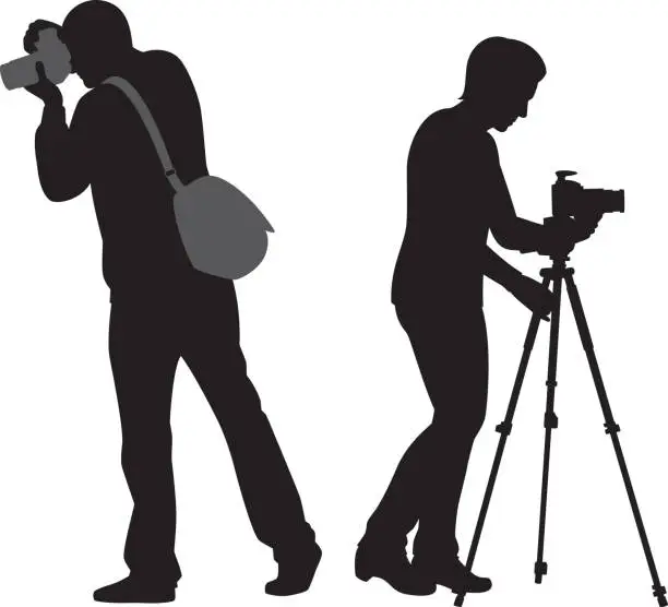 Vector illustration of Man and Woman with Cameras and Tripod Silhouette