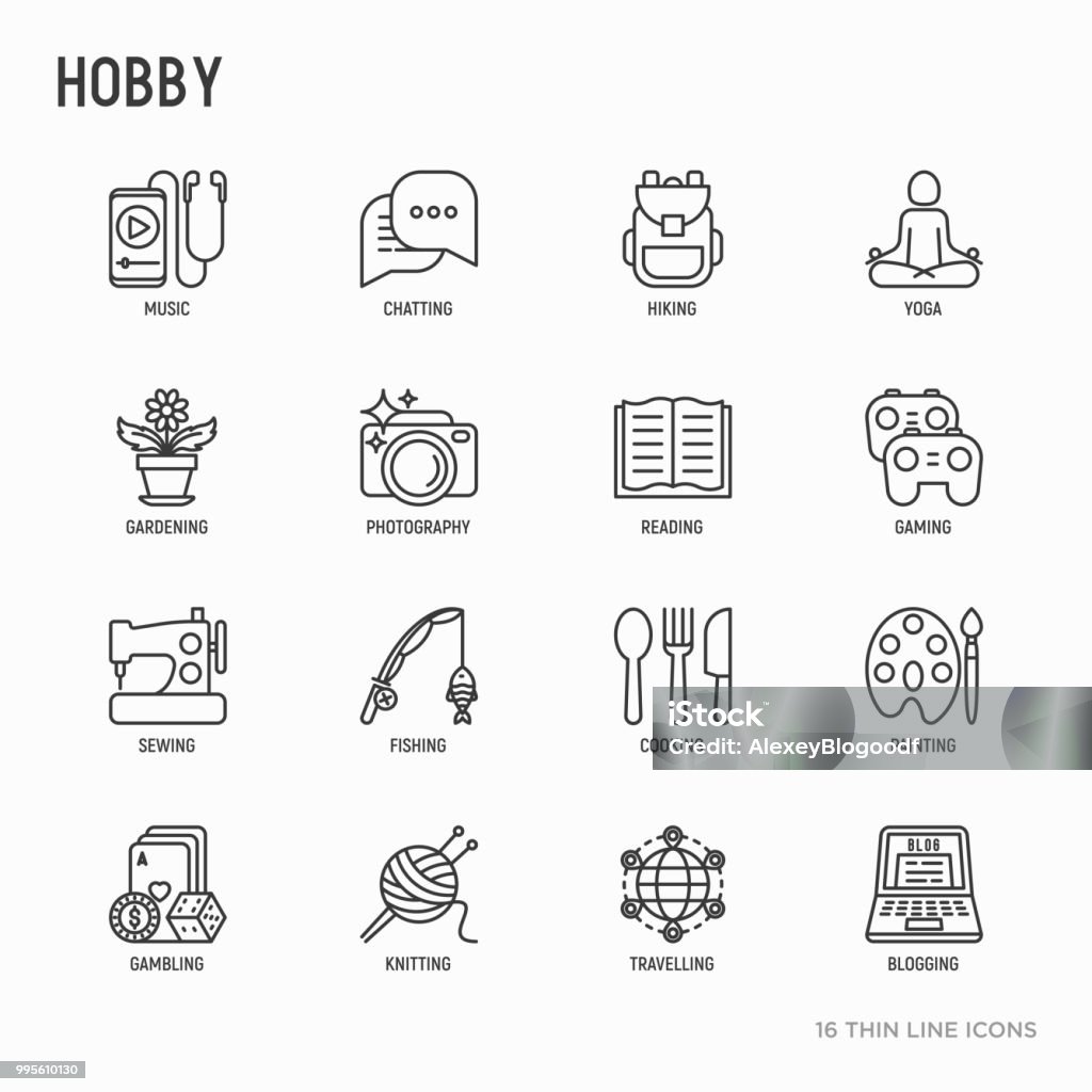 Hobby thin line icons set: reading, gaming, gardening, photography, cooking, sewing, fishing, hiking, yoga, music, travelling, blogging, knitting. Modern vector illustration. Hobbies stock vector