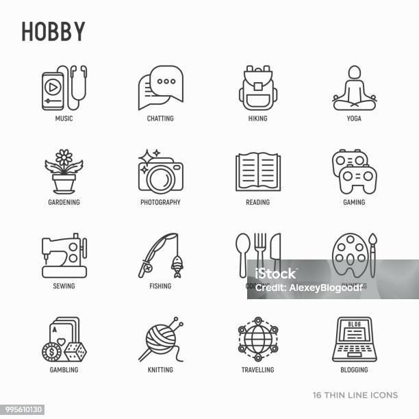 Hobby Thin Line Icons Set Reading Gaming Gardening Photography Cooking Sewing Fishing Hiking Yoga Music Travelling Blogging Knitting Modern Vector Illustration Stock Illustration - Download Image Now
