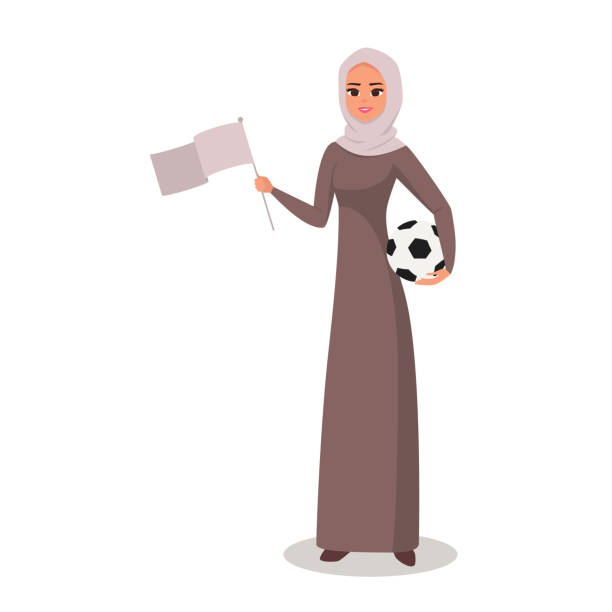 Vector Cartoon Arab woman character with hijab holds a soccer ball and flag Vector Cartoon Arab woman character with hijab holds a soccer ball and flag. Smiling Young Moslem  sporty girl wearing scarf presenting the flag, on the other hand holding the football burka stock illustrations