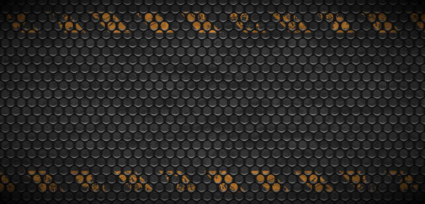 ilustrações de stock, clip art, desenhos animados e ícones de vector pattern of metal rusty grid urban grunge background. old black iron grill industrial texture. web page industrial banner. technology damaged yellow paint wallpaper - backgrounds metal rusty web page