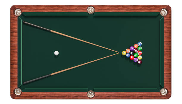 istock Billiard table with balls and cue, top view. 3D rendering isolated on white background 995621054